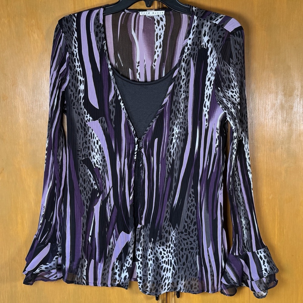 Ultimate Y2K Fred David Button Blouse Top Purple Cheetah Print Party Going Out M